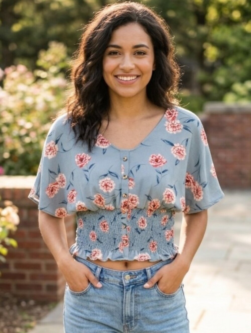 love J Light Blue Floral Button-Front Smocked Waist Top